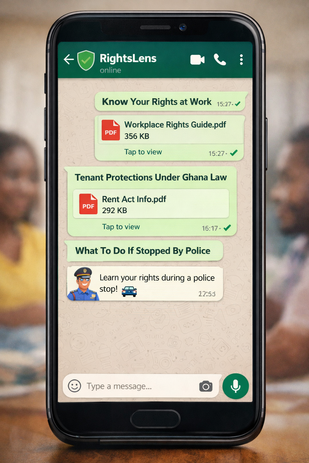 RightsLens legal information shared via WhatsApp